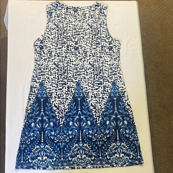 White and Blue Sleeveless Sheath Midi Dress - Picture 9 of 17